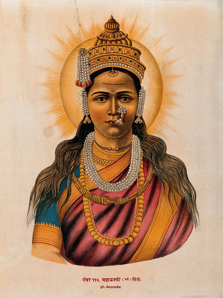 A heavily jewelled Lakshmi with a halo. Chromolithograph.