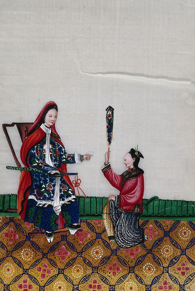 A Chinese lady seated, with sword receives a woman who kneels in front of her with decorated pageant. Painting by a Chinese…