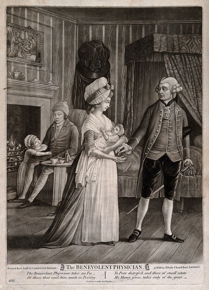 A generous physician refusing money for services rendered from a poor family. Mezzotint.