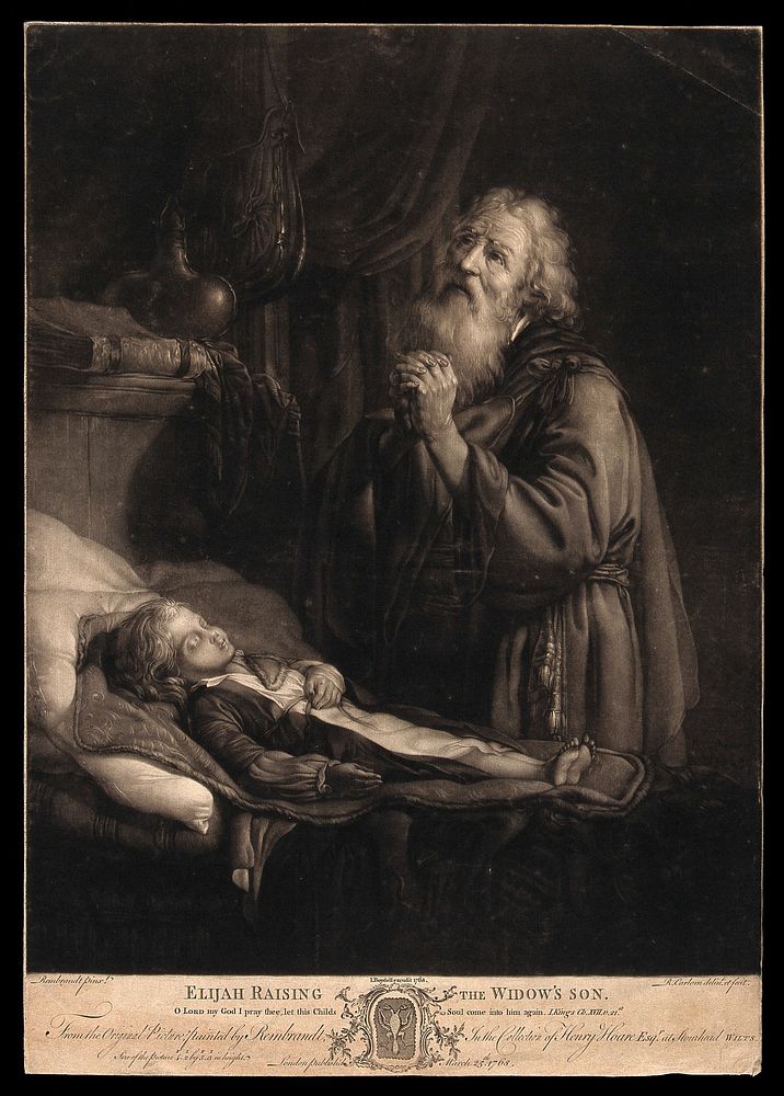 Elijah prays to raise the widow's son. Mezzotint by R. Earlom, 1768, after Rembrandt.