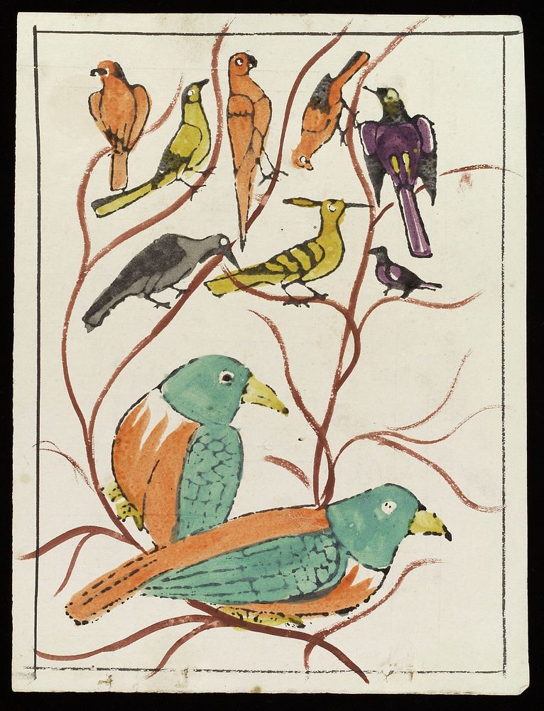 Birds including a hoopoe on the branches of a tree. Coloured transfer lithograph.