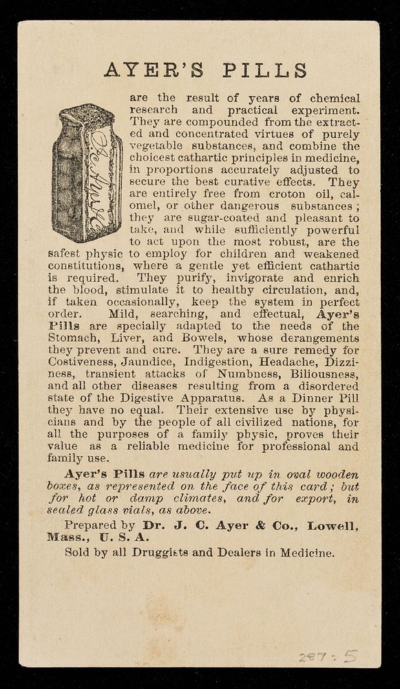 Ayer's cathartic pills : a safe, pleasant and reliable family medicine / Dr. J.C. Ayer & Co.