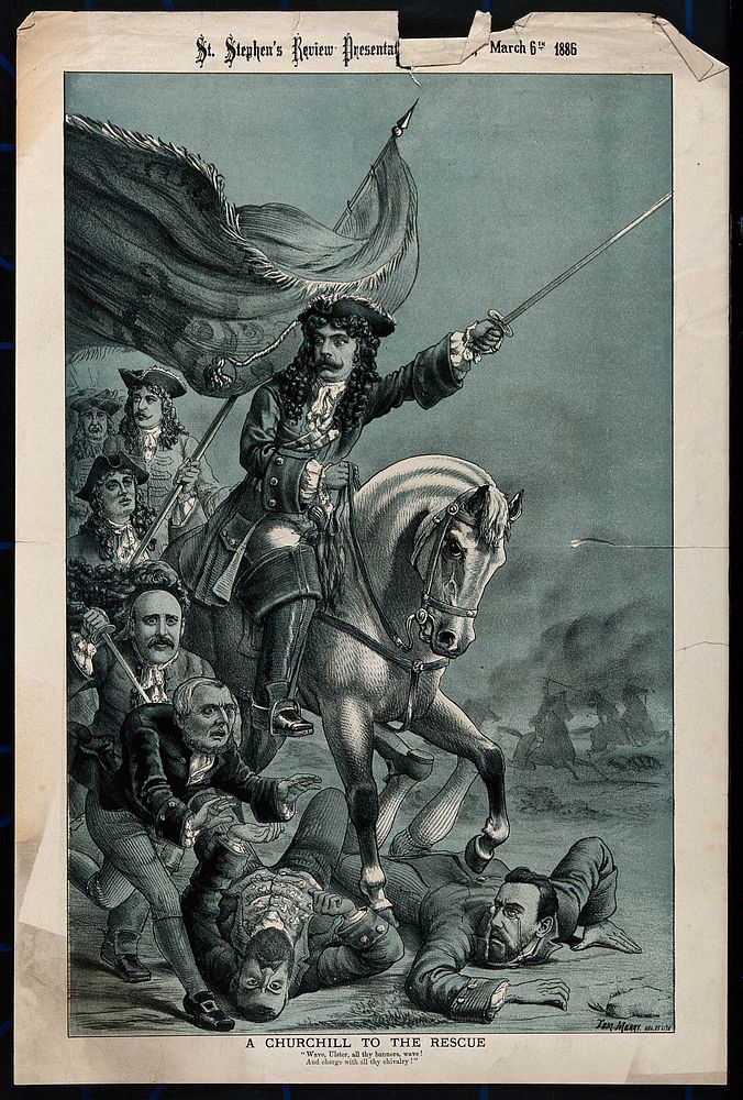 Lord Randolph Churchill, on horseback as a Cavalier general, is leading an army of supporters and stamping on two opponents…