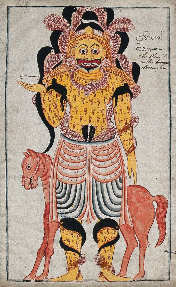 A Sinhalese devil standing before a red horse with numerous snakes wrapped around his body and head. Gouache painting by a…