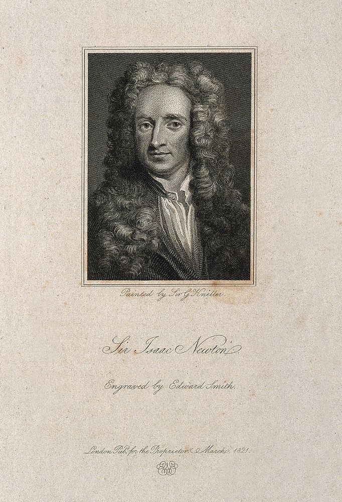 Sir Isaac Newton. Line engraving by E. Smith, 1821, after Sir G. Kneller, 1702.