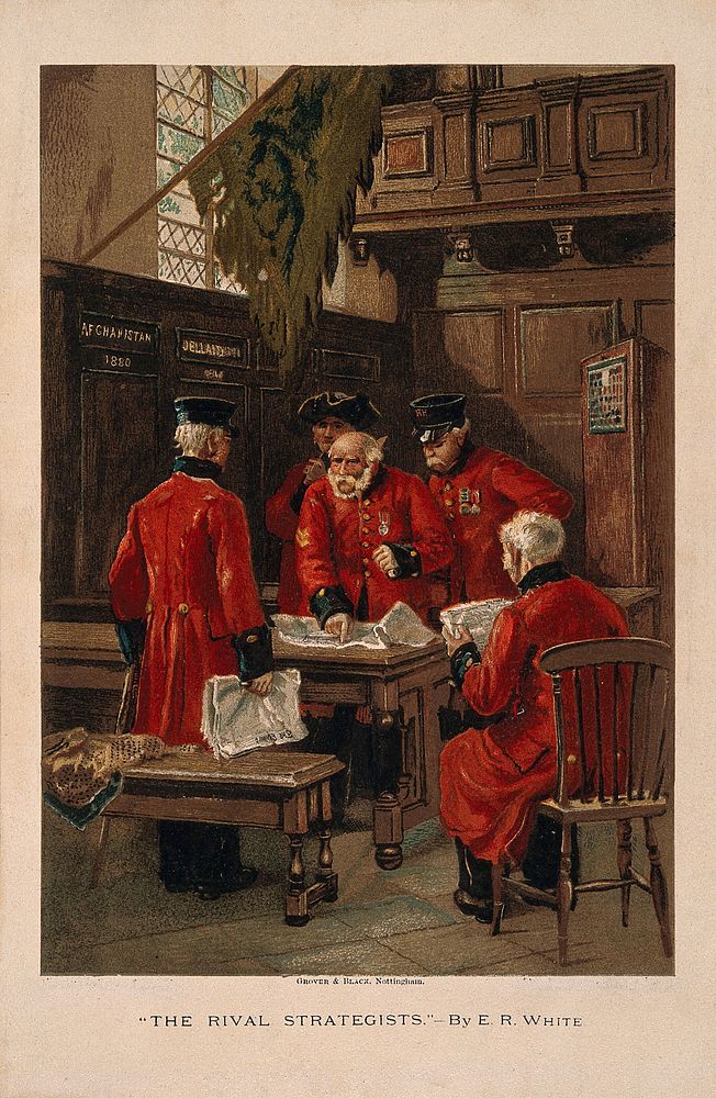 A group of Chelsea Pensioners disputing in the Hall at the Royal Hospital. Colour lithograph after E.R. White.