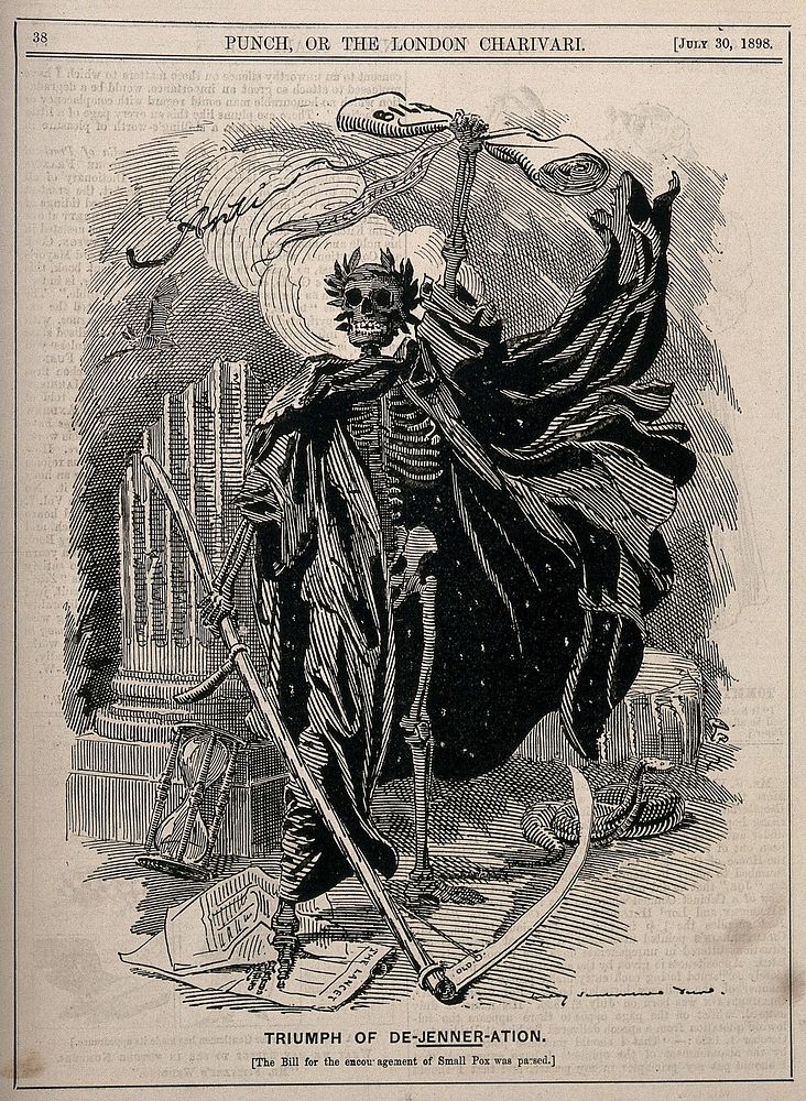Death as a skeletal figure wielding a scythe: representing fears concerning the Vaccination Act 1898 which removed penalties…