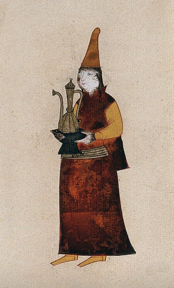 A Turkish  woman carrying a coffee pot. Gouache.