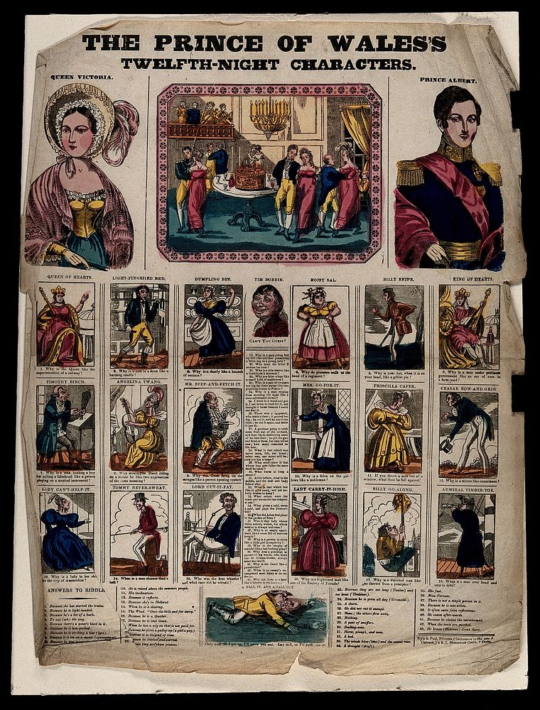 Top left, Queen Victoria; top centre, couples dancing during a ball; top right, Prince Albert; below, various characters.…