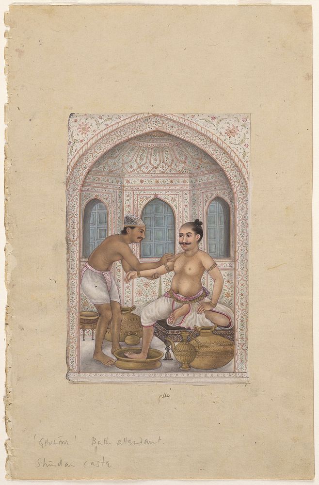 A masseur massaging the arm of a man who is sitting on a low stool, with a leg immersed in a brass basin. Gouache painting…
