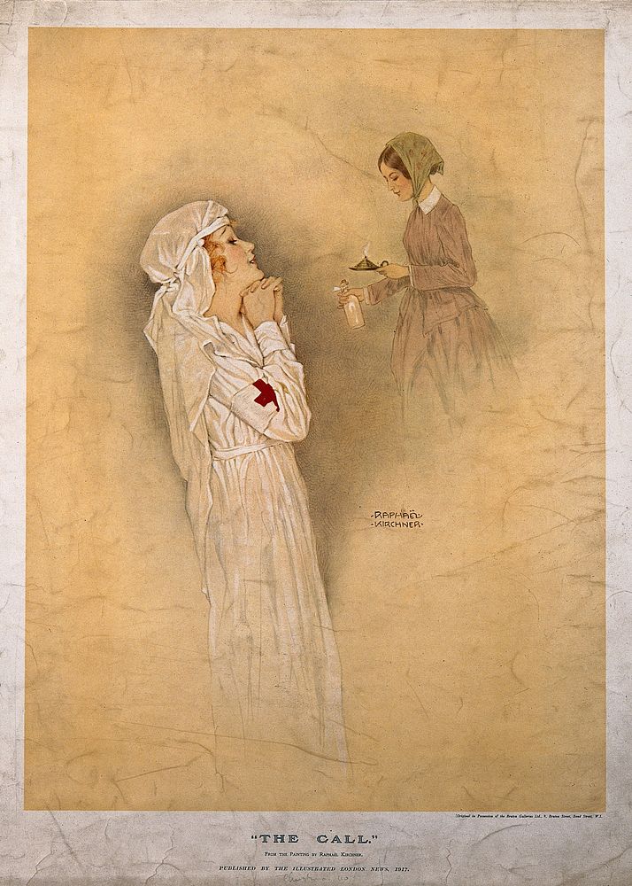 Florence Nightingale: a nurse looking up at a vision of Florence Nightingale as 'the lady of the lamp'. Colour process print…