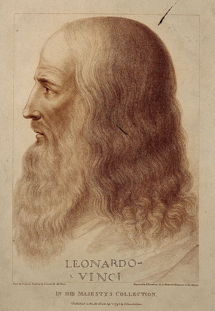 Leonardo da Vinci. Stipple engraving by F. Bartolozzi, 1795, after Leonardo da Vinci.
