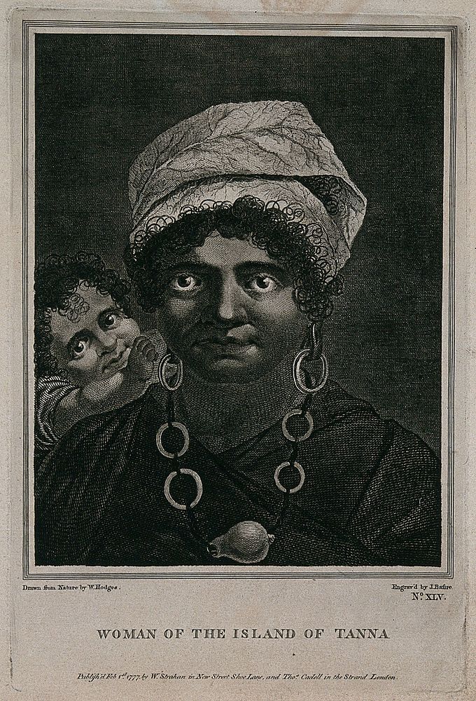 A woman from the island of Tanna, with her baby, encountered by Cook on his second voyage, 1772-1775. Engraving by J.…