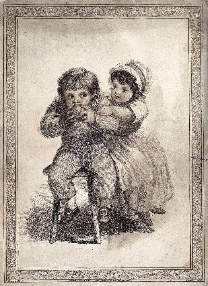 A girl tries to take an apple from her brother as he takes the first bite of it. Stipple engraving by W. Nutter after T.…
