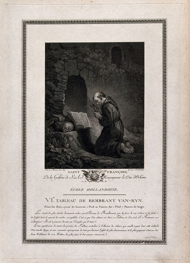 Saint Francis of Assisi, holding a crucifix, kneeling in front of a Bible. Engraving by H. Guttenberg after I.J. Van den…