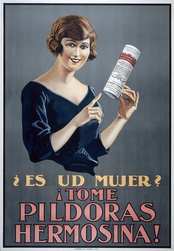 A woman recommending Pildoras Hermosina as a remedy for female maladies. Colour lithograph.
