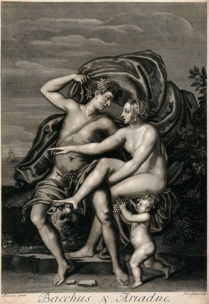 Bacchus [Dionysus] and Ariadne. Engraving by P.S. van Gunst after Titian.