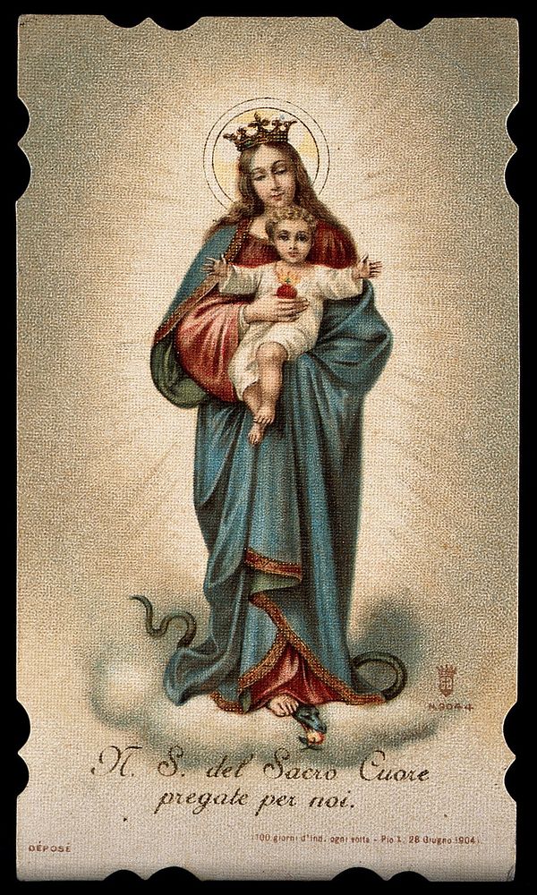 Saint Mary (the Blessed Virgin) holding the Christ Child and the Sacred Heart. Colour lithograph, 1898.