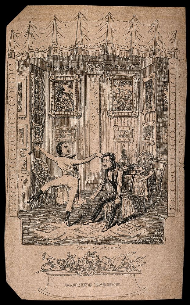 An episode in the play "The dancing barber" by Charles Selby: Narcissus Fitzfrizzle attending to the hair of Alfred…