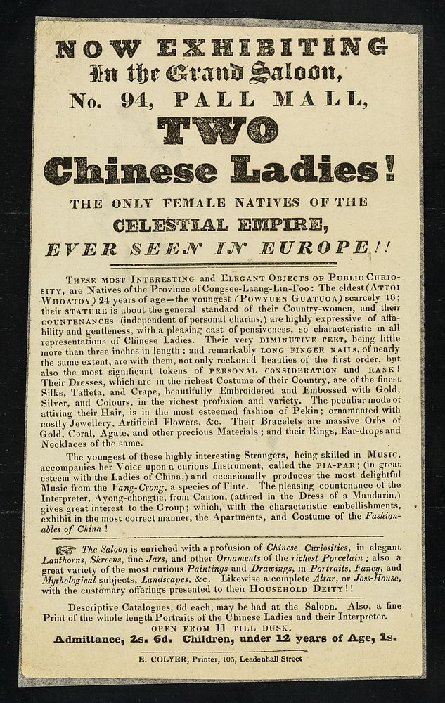 [Leaflet (1827) advertising appearances by "Two Chinese ladies" in elaborate national costume, singing and playing…