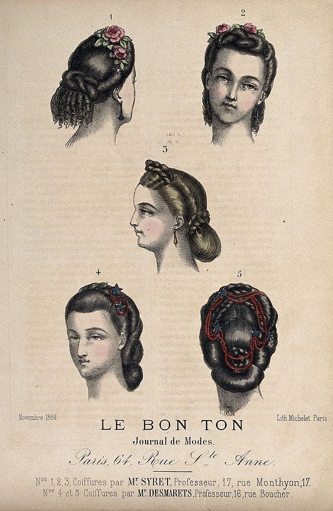 The heads of five women with braided hair dressed with flowers, beads and stars. Coloured lithograph by Michelet, 1864.