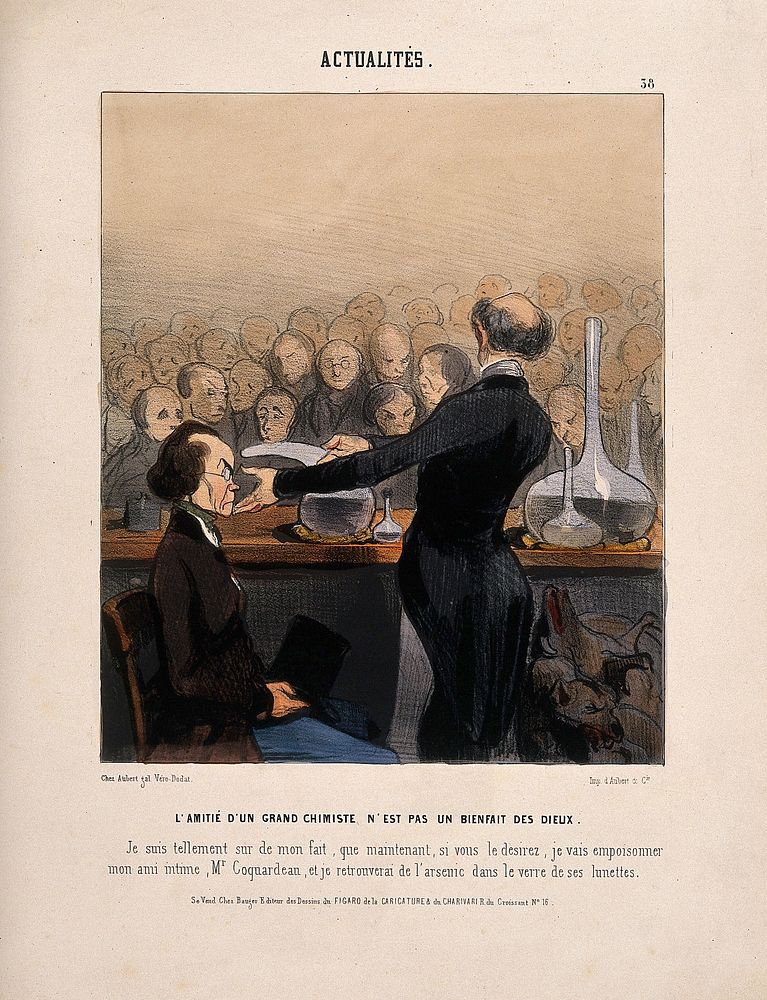 A chemist gives a demonstration involving arsenic to an audience. Coloured lithograph by H. Daumier, 1841.