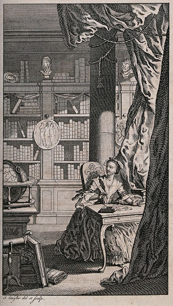 A woman is sitting at a desk in a library, writing. Engraving by I. Taylor after himself.