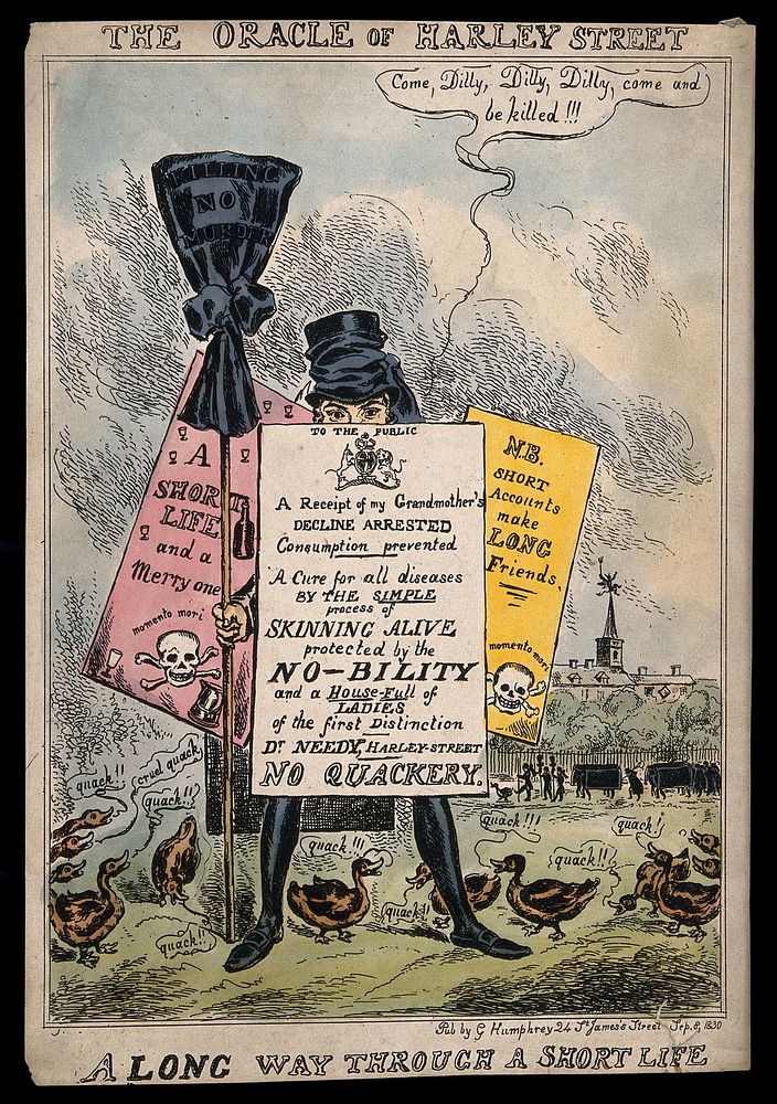 J. St. John Long (a dubious medical practitioner) dressed as a funeral mourner surrounded by ducks and placards which…