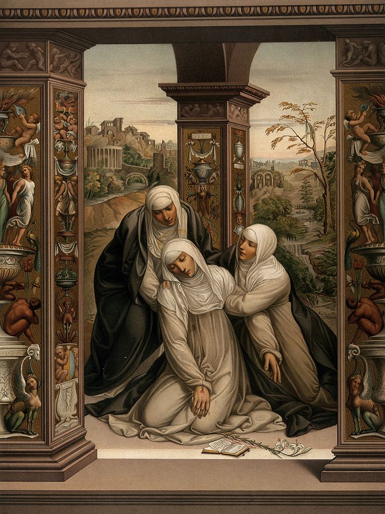 Saint Catherine of Siena receiving the stigmata. Chromolithograph by Storch & Kremer, 1867, after C. Mariannecci after G.A.…