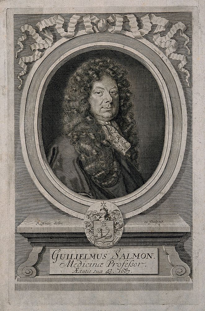 William Salmon. Line engraving by R. White, 1687, after himself.