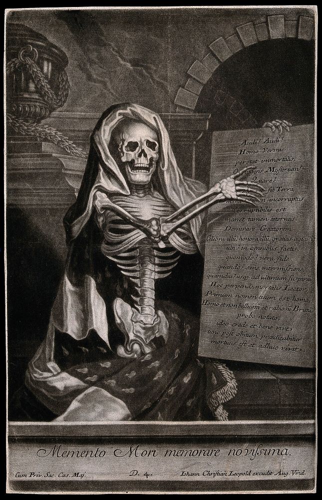 A skeleton holding an inscribed plaque. Mezzotint.