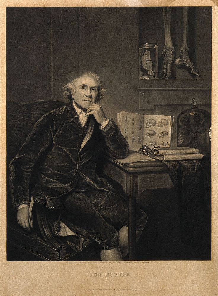 John Hunter. Mezzotint by W. O. Geller, 1836, after Sir J. Reynolds, 1786.