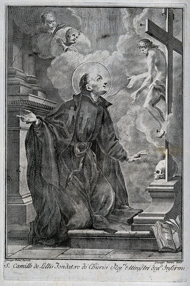 Saint Camillus de Lellis. Line engraving by G. Patrini after G. Peroni.