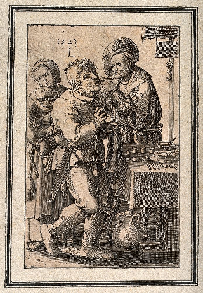 A tooth-drawer extracting a tooth from a standing patient, who is being pick-pocketed by a woman. Line engraving after L.…