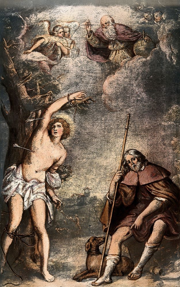 God the Father and Saint Sebastian with Saint Roch. Reproduction of a painting.