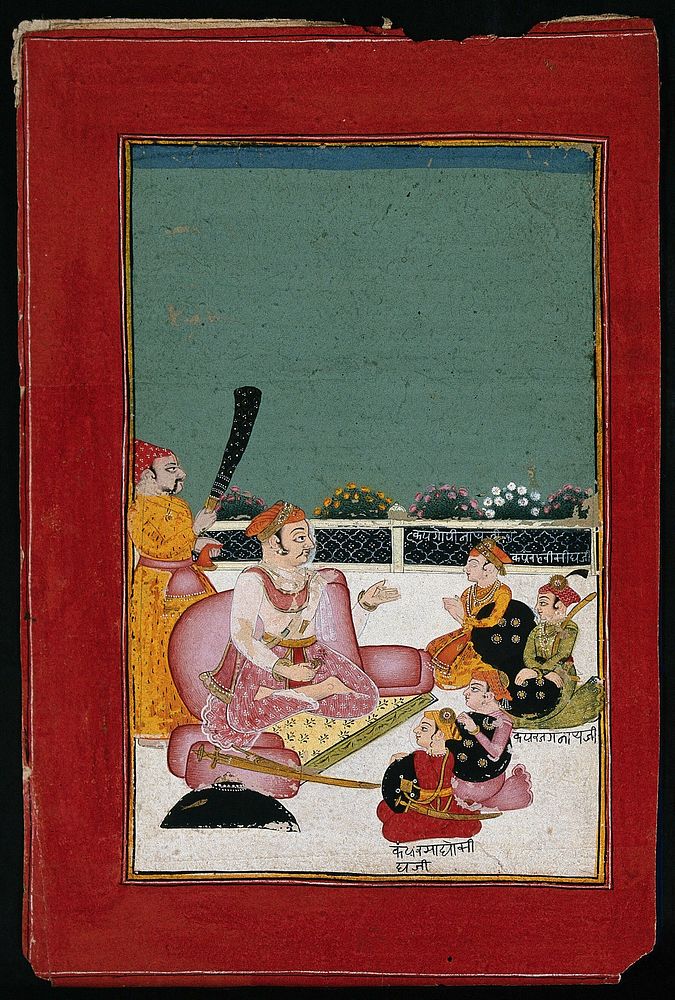 A Rajasthani Maharaja seated before four princes, Prince Jagannath, Prince Gopinath, Prince Madhosidh  and Prince Harisidh.…