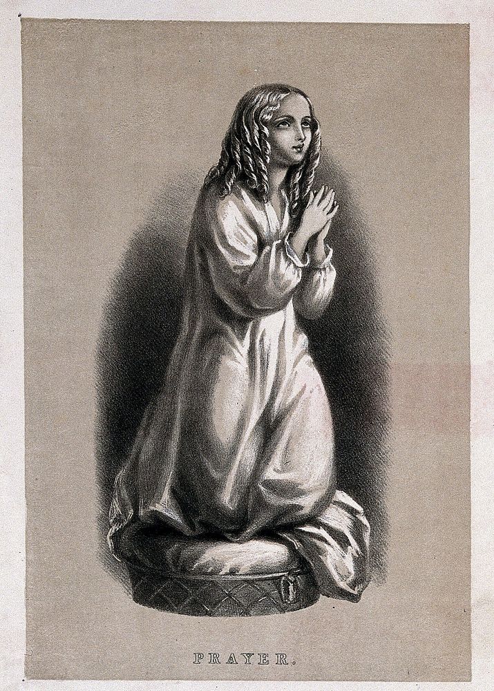 A statue of a girl praying, representing prayer. Lithograph, ca. 1851, by Louisa Corbaux.