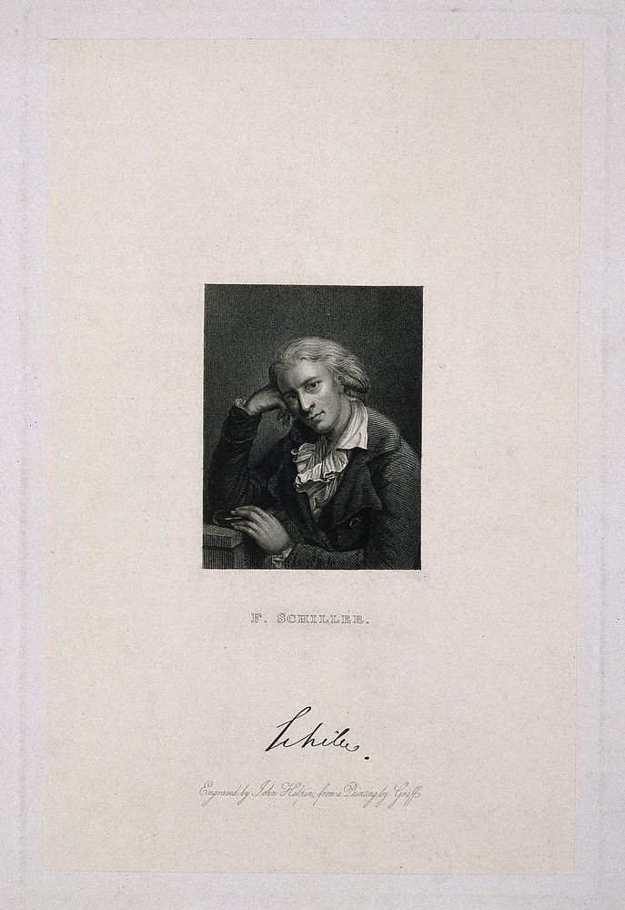 Johann Christoph Friedrich von Schiller, with a reproduction of his signature below. Stipple engraving by J. Halpin after A.…