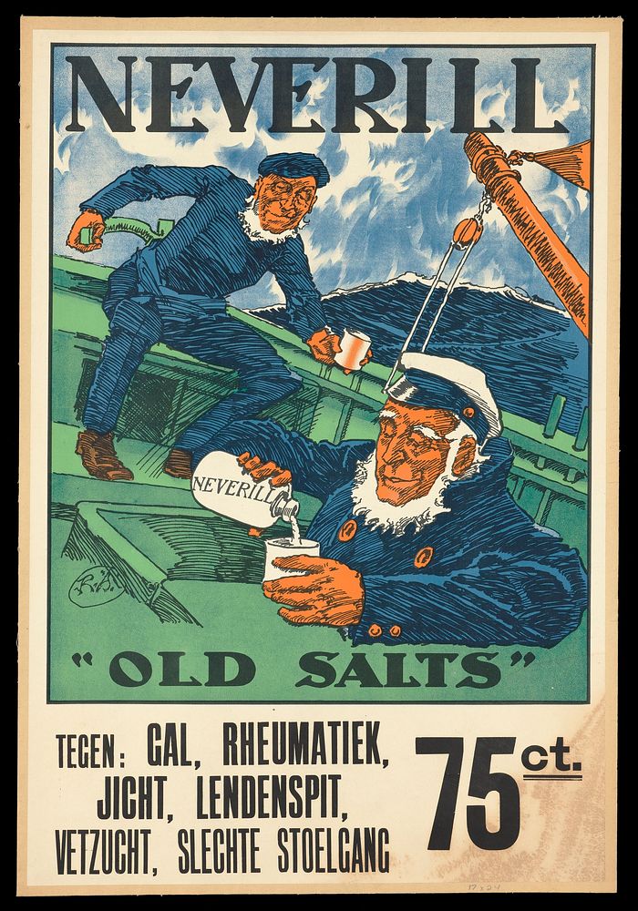 Sailors keeping well by taking "Neverill" remedy. Colour lithograph by Ribi, ca. 1900.