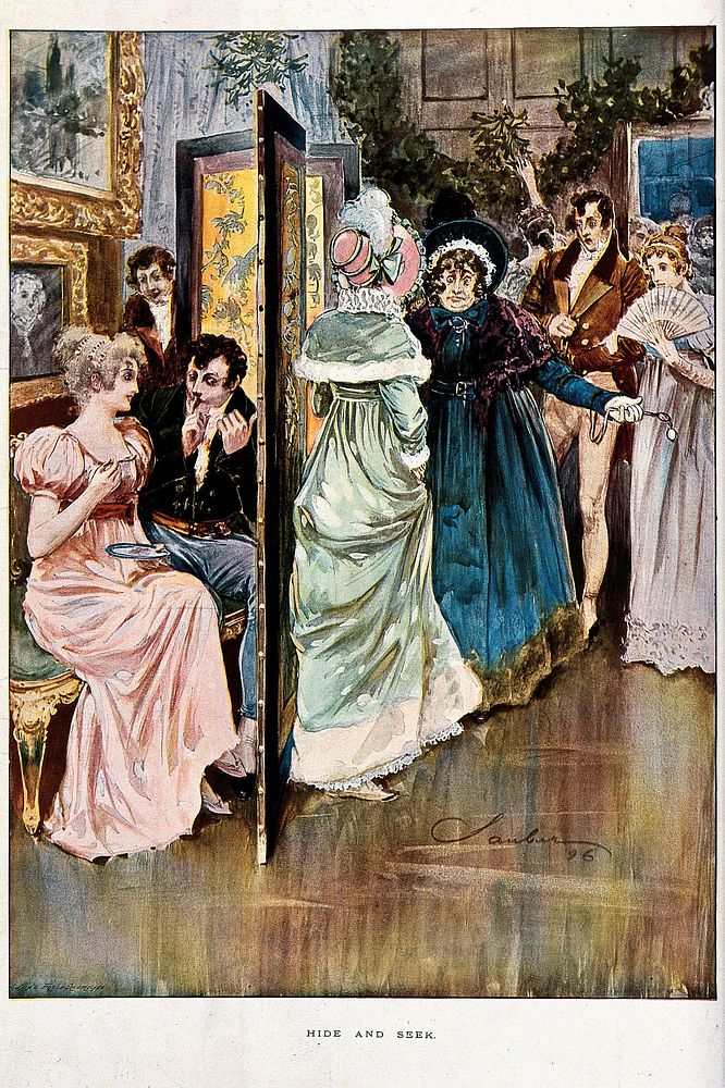 A young couple hide behind a screen while two women search for them. Colour process print by Swaine after R. Sauber, 1896.