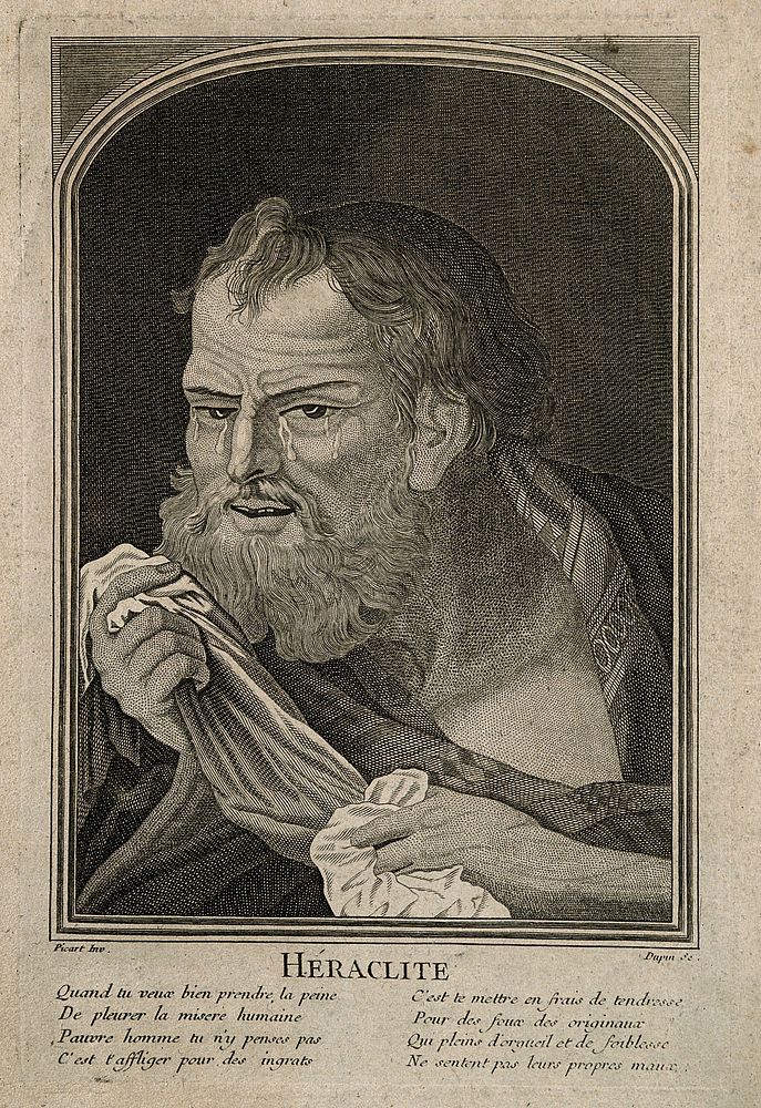 Heraclitus. Line engraving by Dupin after Picart.