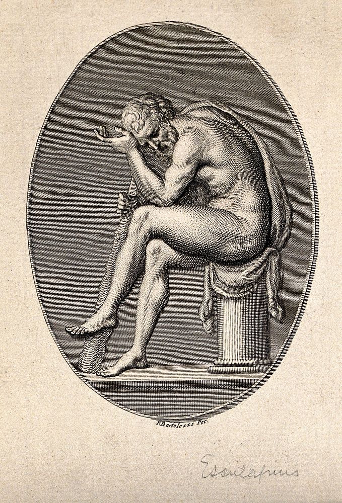 Hercules, seated on a column, in a state of depression. Etching by F. Bartolozzi, 1781.