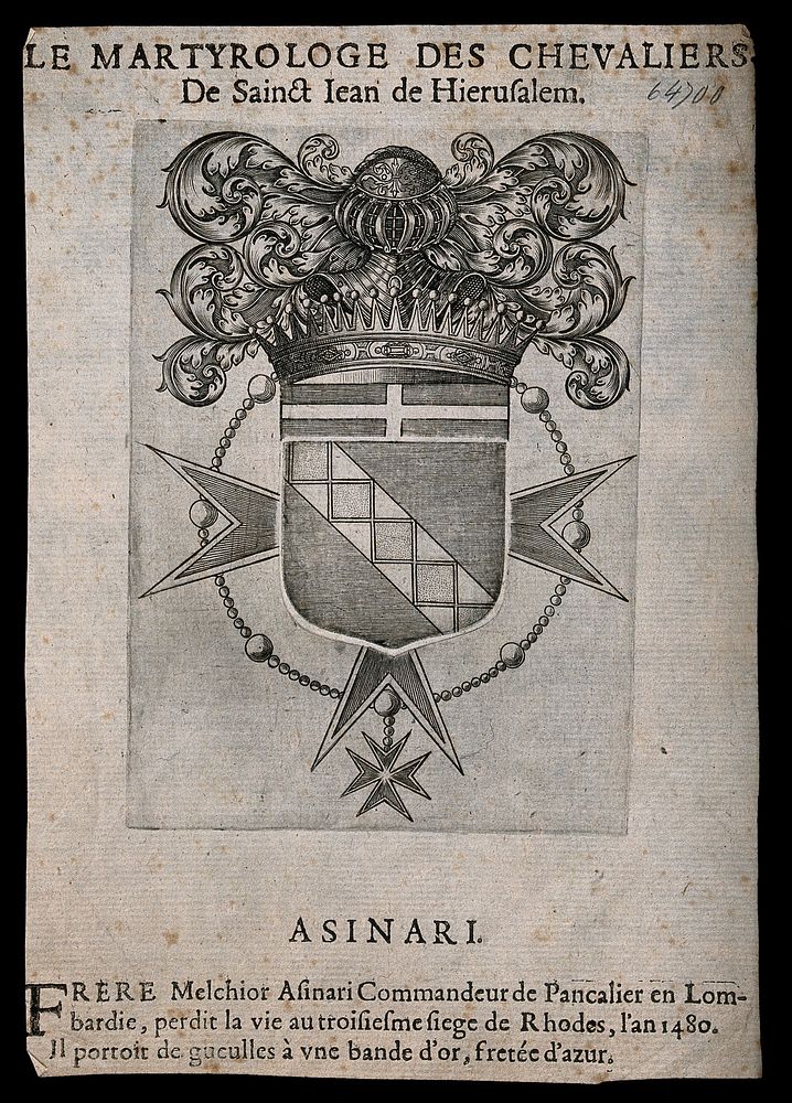 Coat of arms of the crusader Melchior Asinari. Engraving.