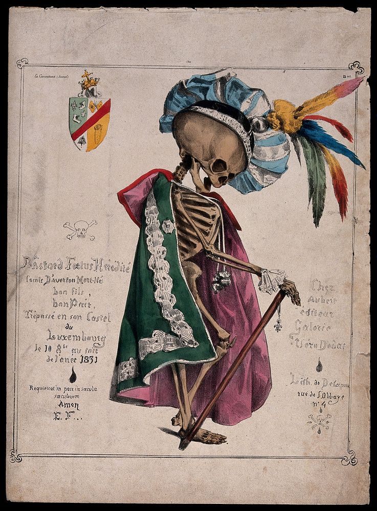 A skeleton in fine attire. Lithograph, 18--.