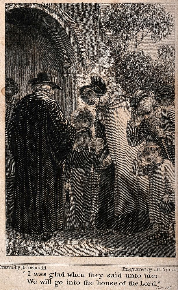 Children being blessed by the vicar at the entrance to a church. Etching by J.H. Robinson after H. Corbould.