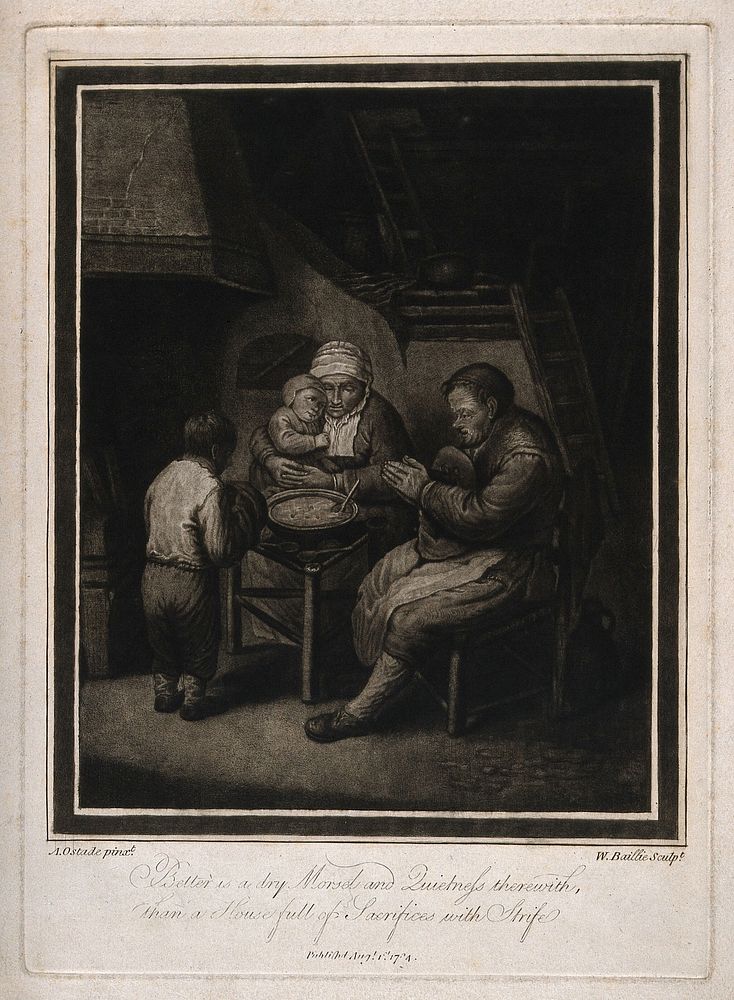 A poor family praying before eating their simple evening meal. Mezzotint by W. Baillie, 1784, after A. Ostade.