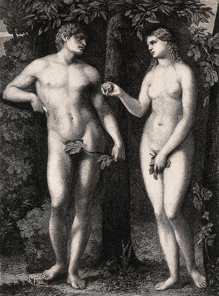 Eve shows Adam the apple she has bitten. Etching by W. Unger after J. Palma the elder.