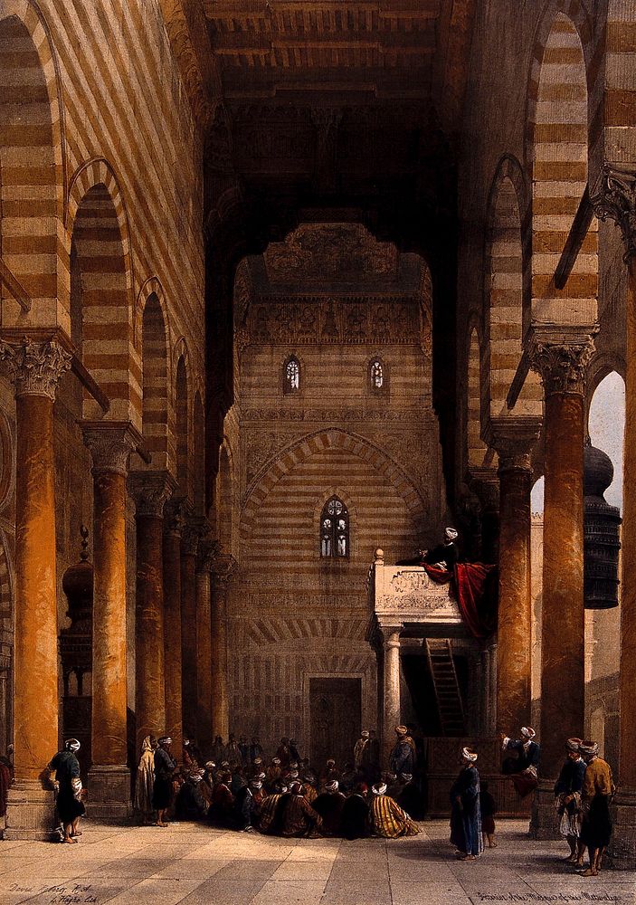 Interior of the mosque of the Metwaleys, with congregation, Cairo, Egypt. Coloured lithograph by Louis Haghe after David…
