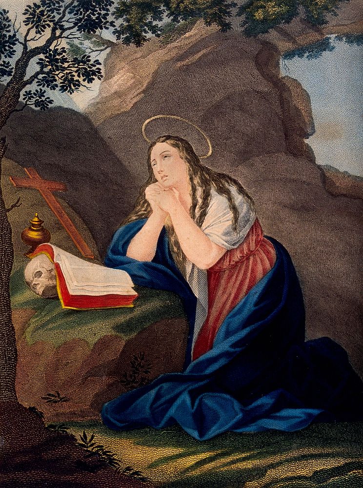 Saint Mary Magdalen. Coloured engraving.