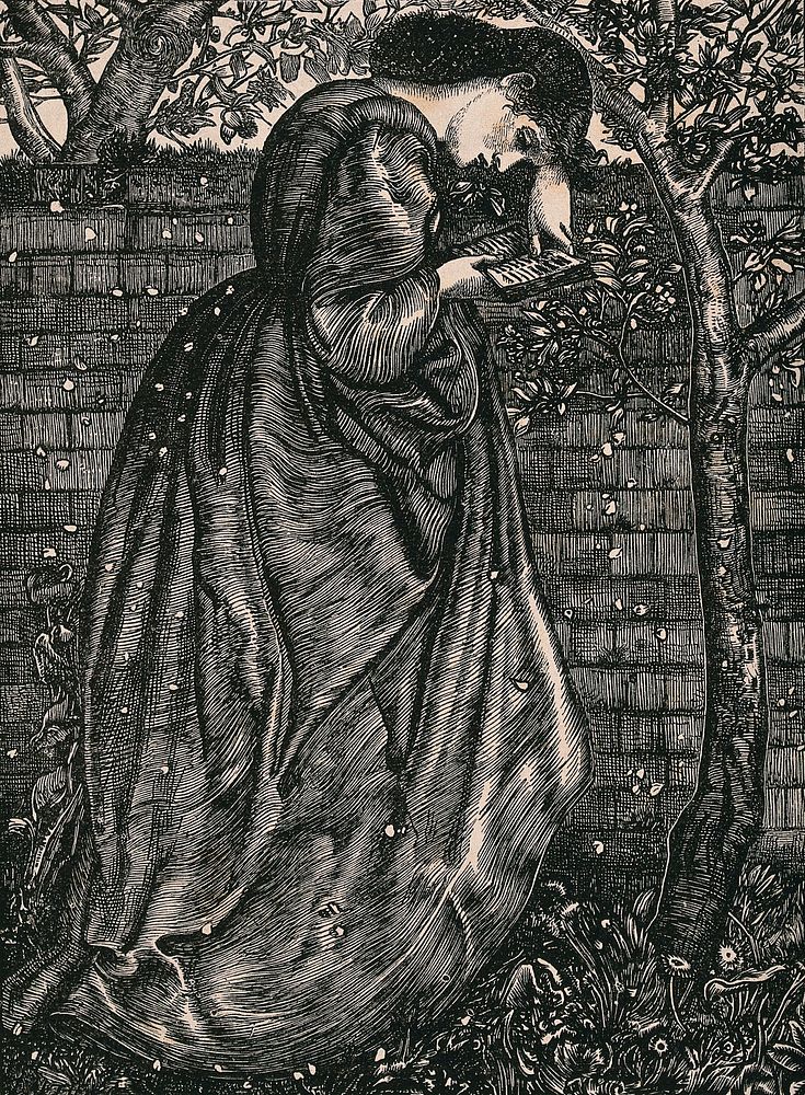 A young woman is leaning against a wall reading a book as snowflakes fall. Wood engraving by Dalziel Brothers, 1863, after…